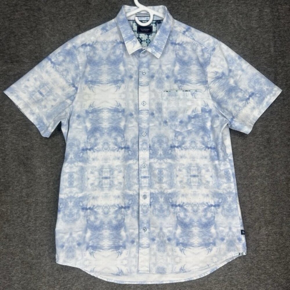 7 Diamonds 4 Way Stretch Performance Shirt Mens L Short Sleeve Blue Geometric